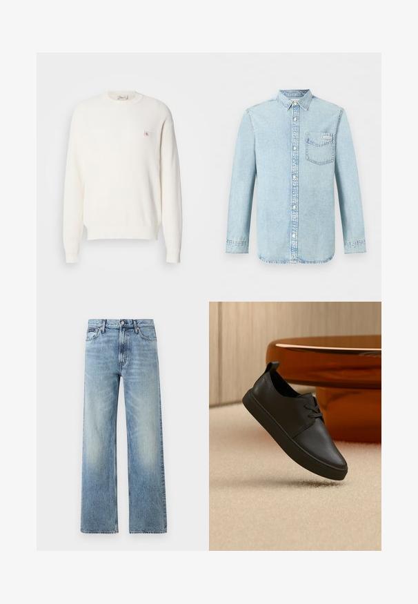 Pull en tricot blanc à manches longues et col rond, avec des poignets et un ourlet côtelés, comportant un petit patch logo Calvin Klein sur la poitrine gauche.; Chemise en denim bleu clair à manches longues, fermeture boutonnée devant, une poche poitrine simple avec le logo Calvin Klein, et un col pointu.; Jean droit en denim bleu clair avec taille haute, cinq poches, fermeture à boutons et léger délavage sur les cuisses et les genoux.; Baskets décontractées en cuir noir avec lacets, flottant au-dessus d'un tapis beige, avec une table en verre ambré arrondie en arrière-plan.