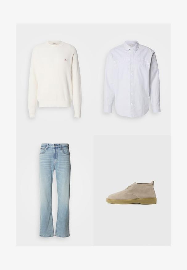 Biely pletený sveter s dlhým rukávom a okrúhlym výstrihom s rebrovanými manžetami a lemom, s malou nášivkou loga Calvin Klein na ľavom prsníku.; Biela košeľa s dlhými rukávmi vyrobená z ľanu s vertikálnymi modrými pruhmi, s gombíkovou prednou časťou a embosovaným logom "CALVIN KLEIN" na hrudi.; Svetlo modré džínsy so strihom rovného nohavice, obsahujúce päť vreciek, zapínanie na gombík a jemné vyblednutie na látke.; Béžové semišové topánky až po členky so šnurovaním, s svetlohnedou gumovou podrážkou a pútkom na päte, logo Calvin Klein pri golieri.