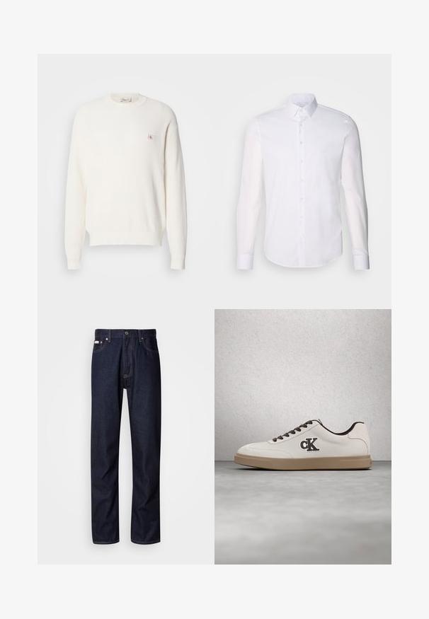Pull en tricot blanc à manches longues et col rond, avec des poignets et un ourlet côtelés, comportant un petit patch logo Calvin Klein sur la poitrine gauche.; Chemise blanche à manches longues en coton, dotée d'un col classique, de boutons à l'avant et de détails de couture minimalistes.; Jean en denim bleu foncé avec une coupe droite, présentant une braguette à boutons, cinq poches et des détails de coutures contrastantes.; Baskets blanches avec accents marron, matériau en daim, lacets plats et semelle en caoutchouc. Présente un logo sur le côté et une texture lisse.