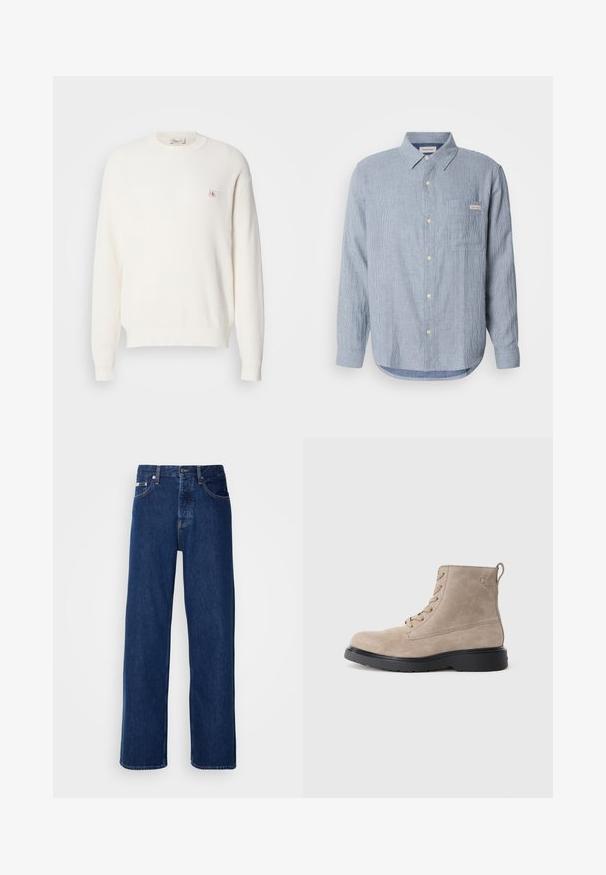 Biely pletený sveter s dlhým rukávom a okrúhlym výstrihom s rebrovanými manžetami a lemom, s malou nášivkou loga Calvin Klein na ľavom prsníku.; Svetlomodrá prúžkovaná košeľa na gombíky, bavlnená látka, dlhé rukávy, špicatý golier, jedna náprsné vrecko a detail loga.; Tmavomodré džínsy s širokým strihom, s gombíkovým zapínaním a klasickým piatym vreckovým dizajnom. Tkanina má hladkú textúru.; Béžové semišové členkové topánky s čiernou gumovou podrážkou, zaviazaním, malým embosovaným logom na boku a so stahovacím pásikom na zadnej strane.