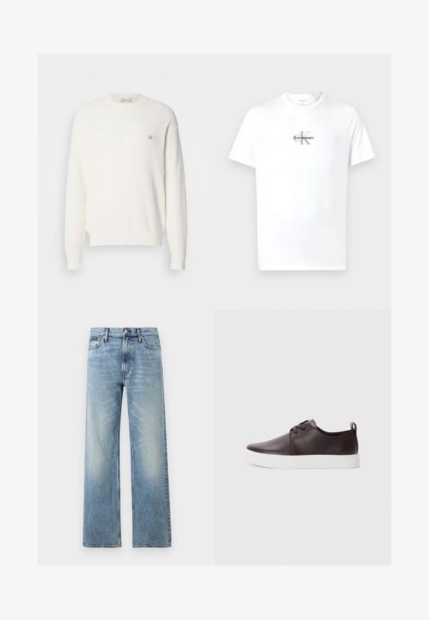 Biely pletený sveter s dlhým rukávom a okrúhlym výstrihom s rebrovanými manžetami a lemom, s malou nášivkou loga Calvin Klein na ľavom prsníku.; Biele tričko s krátkymi rukávmi a okrúhlym výstrihom s čiernym a šedým logom "cK Calvin Klein" potlačeným na strede hrude.; Svetlomodré riflové nohavice s rovnými nohavicami, vysokým pásom, piatimi vreckami, zapínaním na gombík a jemným vyblednutím na stehnách a kolenách.; Hnedé kožené tenisky s hladkým povrchom, bielou gumovou podrážkou, zaoblenou špičkou a šnurovaním. Obsahujú aj pútko na päte.