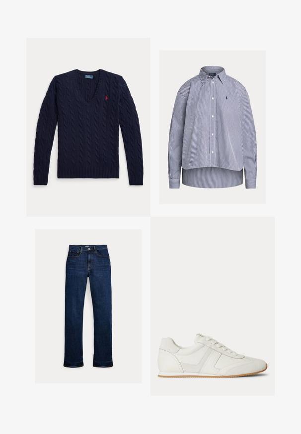 Donkerblauwe kabelgebreide trui met V-hals, lange mouwen en een klein rood geborduurd logo op de linkerborst.; Witte en donkerblauw verticaal gestreepte blouse met lange mouwen, knopen, kraag en een klein geborduurd logo op de borst.; Donkerblauwe straight-leg spijkerbroek met knoop en rits aan de voorkant, ontwerp met vijf zakken en zichtbare stikseldetails.; Witte lage sneaker met veters aan de voorkant, suède en leren panelen, en een lichtbruine rubberen zool op een witte achtergrond.