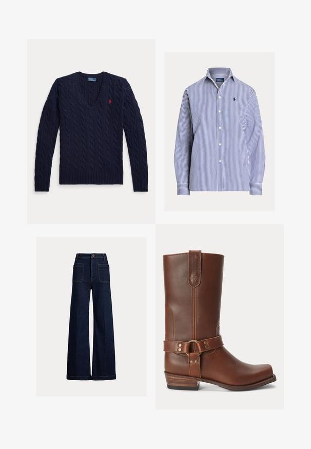 Jersey azul marino de punto con diseño trenzado, cuello en V, mangas largas y un pequeño logotipo rojo bordado en el pecho izquierdo.; Camisa de manga larga con botones, de rayas verticales azules y blancas, con cuello y pequeño logo bordado en el pecho izquierdo.; Pantalones vaqueros de pierna ancha azul oscuro con bolsillos delanteros de parche, presillas para cinturón y cierre de botones sobre un fondo claro y liso.; Bota marrón de cuero hasta la mitad de la pantorrilla con un tacón bajo de madera, punta redonda y una correa decorativa con tachuelas metálicas alrededor del tobillo.