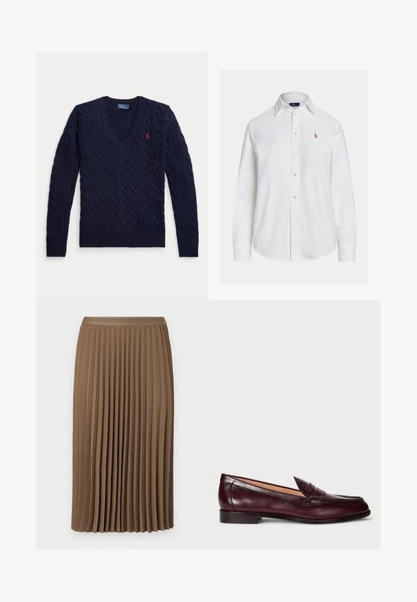 Pull bleu marine en maille torsadée avec col en V, manches longues et petit logo rouge brodé sur la poitrine gauche.; Chemise blanche à manches longues, boutonnée avec col et petit logo brodé sur la poitrine gauche, présentée sur fond uni.; Jupe plissée marron en tissu doux, dotée d'une taille texturée avec un motif géométrique. Le design est de longueur midi et tombe doucement.; Mocassins en cuir bordeaux avec une finition lisse, un bout arrondi, des coutures décoratives et un talon bas. L'intérieur est doté d'une douce doublure beige.