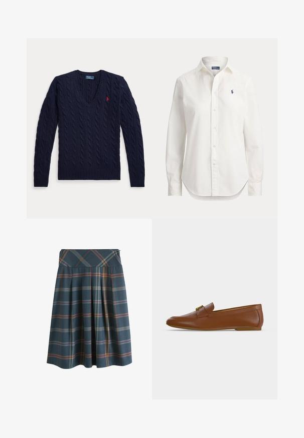 Marineblå kabelstrikket sweater med V-hals, lange ærmer og et lille rødt broderet logo på venstre bryst.; Hvid langærmet skjorte med knapper, krave og lille blåt logo af en polospiller på venstre bryst.; Knælang plisseret nederdel med bred linning, med blå, orange og lilla ternet mønster på en mørk baggrund.; Brun læderloafer med gyldent spænde og lav flad hæl, vist i sideprofil på en ensfarvet lys baggrund.