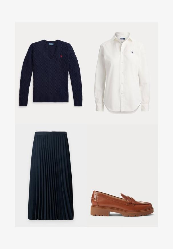 Marineblå kabelstrikket sweater med V-hals, lange ærmer og et lille rødt broderet logo på venstre bryst.; Hvid langærmet skjorte med knapper, krave og lille blåt logo af en polospiller på venstre bryst.; Fryse navy nederdel med en struktureret talje, lavet af et glat stof, med jævnt fordelt lodrette frynser og en længde til midt på læggen.; Brune læder loafers med en moccasin-foddesign, synlig syning og en kraftig, tekstureret gummisål. Hardware i guldfarve som accent.