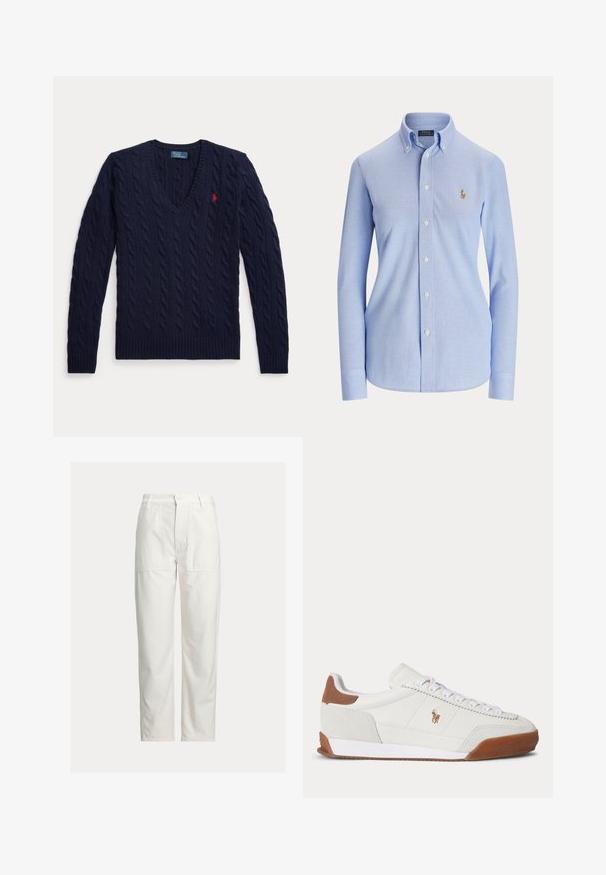 Marineblå kabelstrikket sweater med V-hals, lange ærmer og et lille rødt broderet logo på venstre bryst.; Lyseblå langærmet skjorte med knapper, knappet krave og lille broderet logo på venstre bryst.; Hvide bukser med lige ben, store foran-lommer, bæltestropper og lukning med knap i taljen.; Hvid sneaker med lavt skaft med brune ruskindsdetaljer ved hæl og tå, hvide snørebånd og et lille brunt broderet logo på siden.
