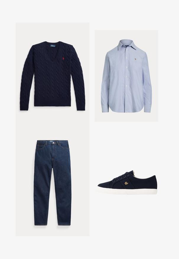 Jersey azul marino de punto con diseño trenzado, cuello en V, mangas largas y un pequeño logotipo rojo bordado en el pecho izquierdo.; Camisa azul clara de manga larga con botones, cuello puntiagudo y pequeño logo bordado en el pecho izquierdo.; Vaqueros de mezclilla azul oscuro con cinco bolsillos, cierre de botón y corte recto, colocados planos sobre un fondo blanco.; Lauren Ralph Lauren JANSON II CANVAS SNEAKER - Zapatillas - navy