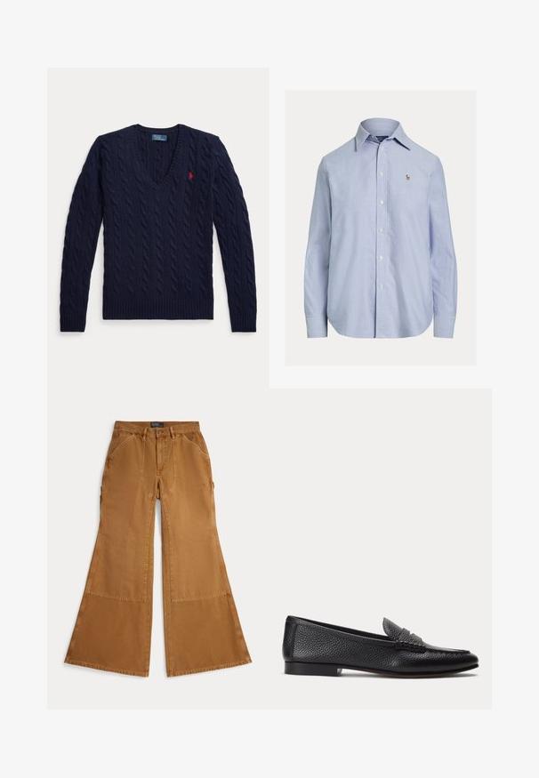 Marineblauer Pullover mit Zopfmuster, V-Ausschnitt, langen Ärmeln und einem kleinen roten, bestickten Logo auf der linken Brust.; Hellblaues, langärmliges Hemd mit Knopfleiste, spitzem Kragen und kleinem gesticktem Logo auf der linken Brust.; Braune, weit geschnittene Baumwollhose mit aufgesetzten Details, Knopfverschluss und schrägen Taschen auf der Vorderseite. Glatte Textur, lässiges Design.; Schwarzer, strukturierter Lederloafer mit niedrigem Absatz und klassischem Pennyriemen-Detail, seitlich auf hellem, einfachem Hintergrund dargestellt.