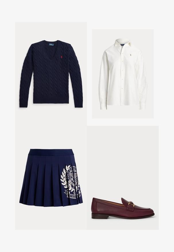 Marineblå kabelstrikket sweater med V-hals, lange ærmer og et lille rødt broderet logo på venstre bryst.; Hvid langærmet skjorte med knapper, krave og lille broderet logo på venstre bryst.; Marineblå plisseret nederdel med bred linning og hvid tennisinspireret logo på nederste højre side.; Bordeaux læder loafers med en glat finish, der har en dekorativ spænde og syninger, flad træhæle og afrundet tå.