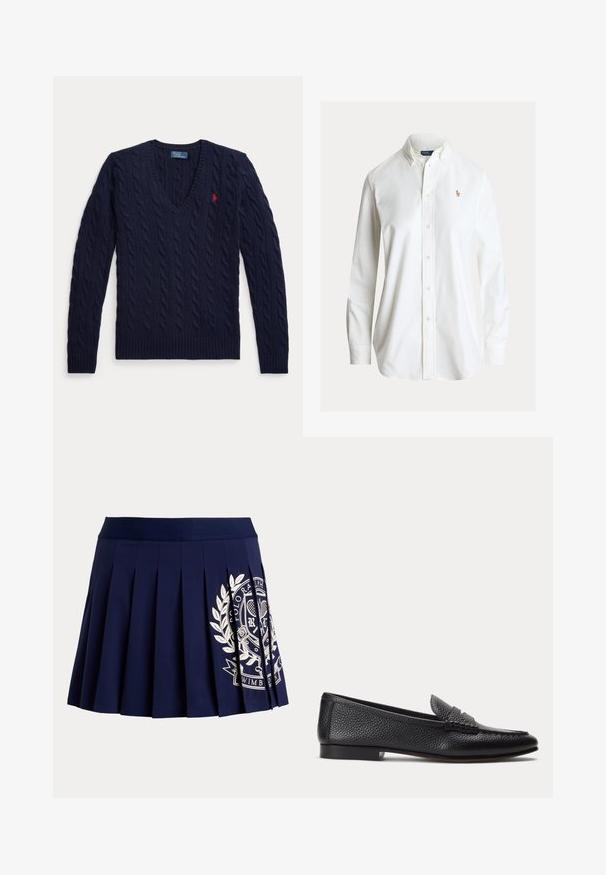 Pull bleu marine en maille torsadée avec col en V, manches longues et petit logo rouge brodé sur la poitrine gauche.; Chemise blanche à manches longues avec boutons, col boutonné et petit logo brodé de joueur de polo sur la poitrine gauche.; Jupe plissée bleu marine avec une large ceinture et un logo blanc à thème tennis sur le bas à droite.; Mocassin en cuir texturé noir avec petit talon et détail classique de bride à pièce, présenté de profil sur un fond clair uni.