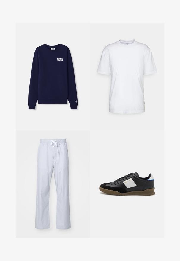 Tumed sinine crewneck sweatshirth, mis on valmistatud puuvillast, millel on rinnal väike valge logo ja mansetil logo silt. Klassikaline lõige, ribatud alläär.; Valge puuvillane T-särk ümmarguse kaelusega, lühikeste käistega ja sirge äärisega. Paremal külgõmblusel on väike brändimärgistus.; Heledad sinised triibulised pidžaamapüksid, millel on elastne vöökoht ja nöör. Valmistatud siledast kangast, omavad lõdva sirge jala disaini.; Mustad nahast ja sametist tossud halli paneeliga, pruun kummitald ja sinine aktsent kandadel. Omab paelu ja sissepressitud logo.