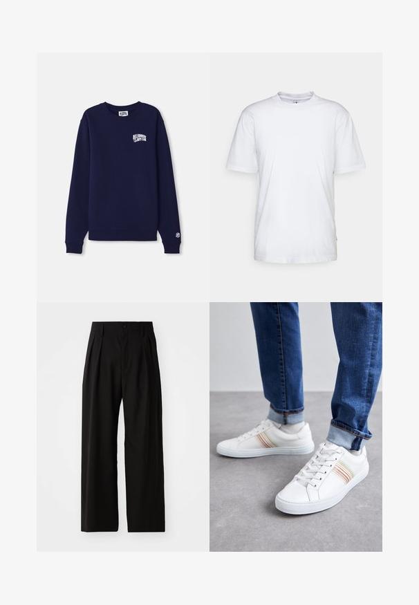 Mørkeblå crewneck sweatshirt lavet af bomuld med et lille hvidt logo på brystet og et logopatch på manchetten. Klassisk pasform, ribbet kant.; Hvid bomulds t-shirt med rund hals, korte ærmer og lige kant. Har et lille mærke på den venstre sidesøm.; Sorte bukser med vid ben, der har en glat overflade, to frontplisseringer, knaplukning og sidelommer. Holdbart stof.; Hvide lædersneakers med multicolore striber, snørebåndsdesign, gummisål og polstret krave, parret med blå denimjeans.