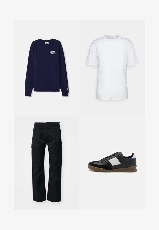 Sudadera azul marino de cuello redondo hecha de algodón, con un pequeño logo blanco en el pecho y un parche de logo en el puño. Corte clásico, dobladillo acanalado.; Camiseta de algodón blanca con cuello redondo, mangas cortas y dobladillo recto. Cuenta con una pequeña etiqueta de la marca en la costura lateral izquierda.; Pantalones cargo negros con una textura suave, que cuentan con bolsillos laterales, un cierre de botón y un diseño de corte relajado.; Zapatillas de cuero negro y gamuza con un panel gris, suela de goma marrón y acento azul en el talón. Cuenta con cordones y logotipo en relieve.