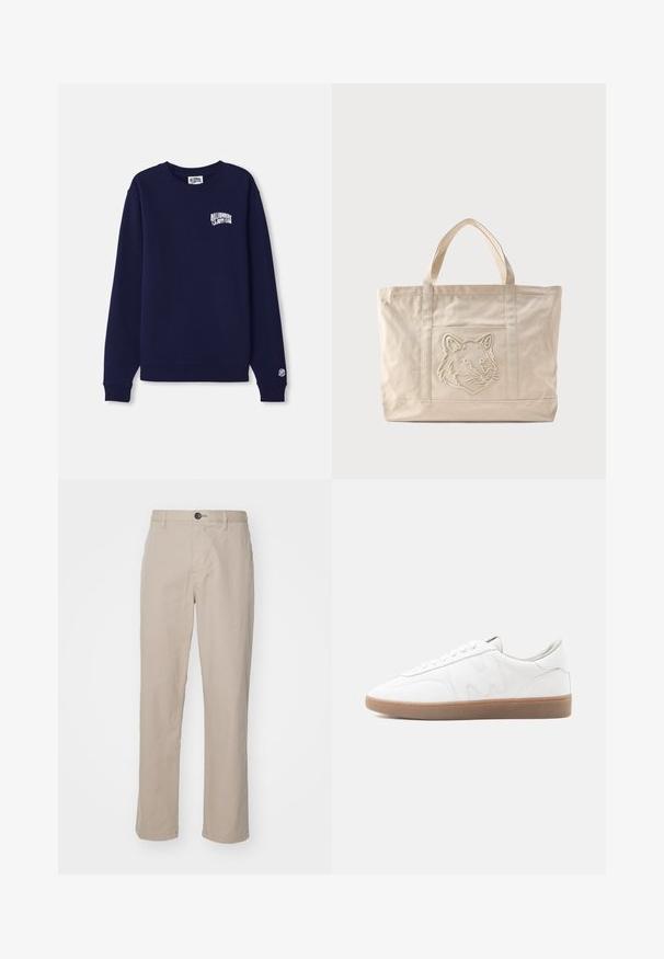 Tumed sinine crewneck sweatshirth, mis on valmistatud puuvillast, millel on rinnal väike valge logo ja mansetil logo silt. Klassikaline lõige, ribatud alläär.; Kreemjad sirged püksid kergest kangast, millel on nööbilukud ja peened õmblustooted. Lame eesosa koos külgtaskutega.; Valged madalad tossud pruunikate kummipõhjaga, õmmeldud detailide ja nööritava kinnitusega, neutraalsel taustal.; Beeži värvusega lõuendist kandekott topeltkäepidemetega ja esitaskul reljeefse hundi pea kujutisega.