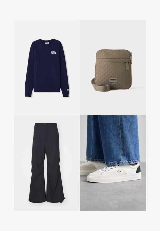 Sweatshirt bleu marine à col rond en coton avec un petit logo blanc sur la poitrine et un écusson logo sur le poignet. Coupe classique, ourlet côtelé.; Pantalons à jambe large bleu marine en tissu lisse, dotés de deux poches avant et d'accents en cordon à l'ourlet. Design épuré et bien taillé sans embellissements.; Baskets blanches et noires avec une tige en cuir lisse, des accents texturés et une semelle épaisse blanche. Présentent un design classique à lacets.; Sac bandoulière beige avec sangle réglable, poche avant zippée et motif géométrique embossé, avec une petite plaque logo en métal.