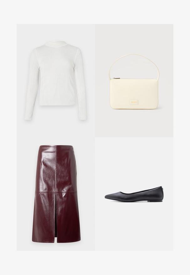 Haut blanc à manches longues avec un col montant. Texture côtelée avec un design ajusté. Les détails de couture créent un look structuré.; Jupe en faux cuir bordeaux avec une finition brillante, longueur genou, présentant une fente avant et des détails de couture. Texture lisse et lignes épurées.; Chaussure plate en cuir noire à bout pointu avec petit talon, vue de profil sur fond blanc.; Sac à main rectangulaire de couleur crème avec une seule sangle et une fermeture éclair sur le dessus, comportant une petite plaque de logo embossé à l'avant.