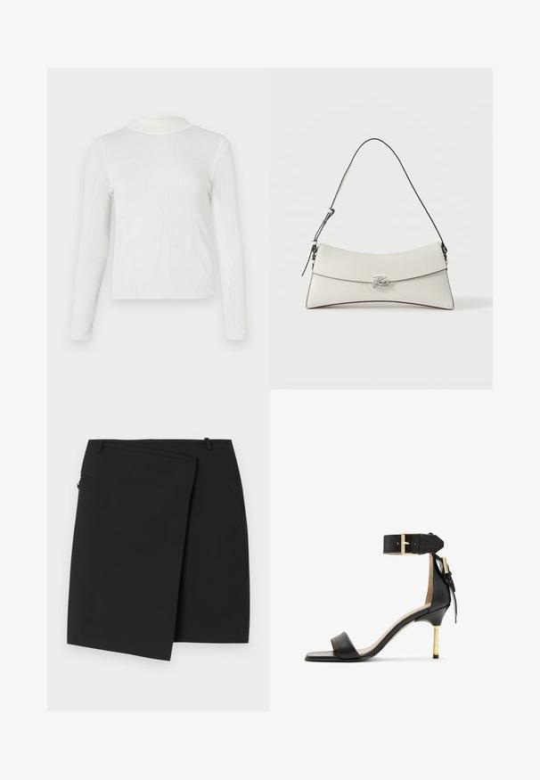 Haut blanc à manches longues avec un col montant. Texture côtelée avec un design ajusté. Les détails de couture créent un look structuré.; Jupe portefeuille noire avec une texture lisse, dotée d'une fermeture éclair sur le côté et de deux passants de ceinture. Design simple sans motifs ni accents visibles.; Sandale à talon en cuir noir avec un bout carré, une bride de cheville dotée d'une boucle en or et un talon métallique fin. Texture lisse, design minimaliste.; Sac à bandoulière en cuir blanc avec rabat incurvé, bordure noire, sangle réglable et boucle décorative argentée sur fond uni.