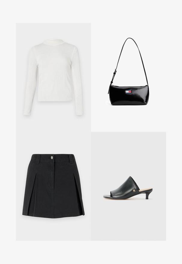 Hvid langærmet bluse med høj mock neck. Ribbet tekstur med en tætsiddende pasform. Søm detaljer skaber et struktureret udseende.; Sort denimskørt med folder, præget af knaplukning foran, bæltesløjfer og sidelommer. Glat tekstur og skræddersyet design.; Sorte læder open-toe mules med en lav hæl. Har en glat overflade og et guld logo-prim på siden.; Sort patenteret læder skuldertaske med en buet rem, lynlåslukning og et rektangulært logo patch i rød, hvid og blå.