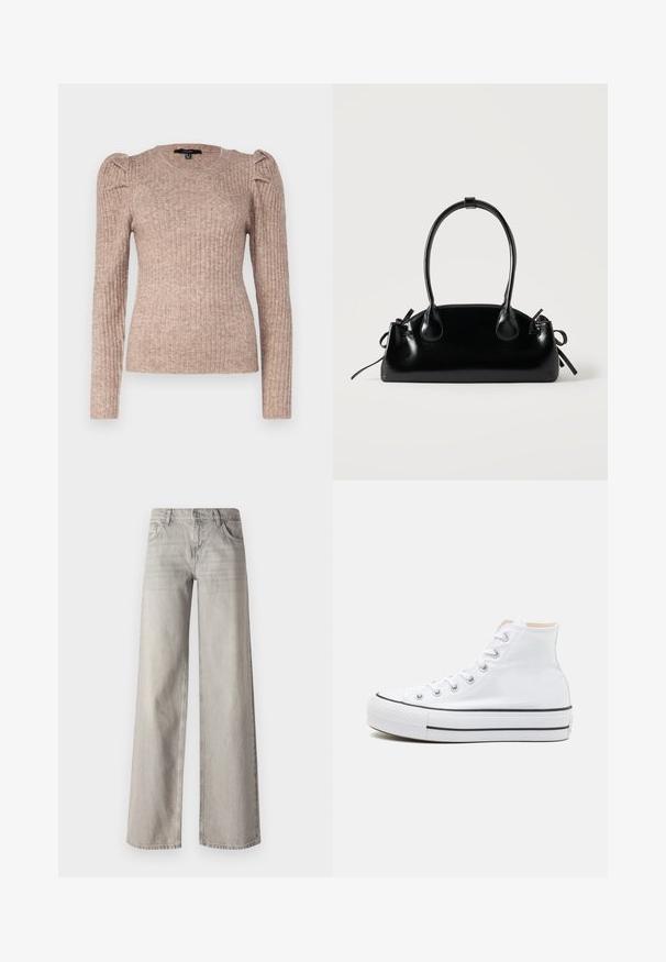 Vero Moda VMKIM UNECK - Πουλόβερ - beige; Ανοιχτό γκρι φαρδύ τζιν παντελόνι από τζιν ύφασμα, με πέντε τσέπες, κλείσιμο με κουμπί μπροστά και ελαφρώς ξεθωριασμένη υφή.; Λευκά ψηλά αθλητικά παπούτσια από καμβά, με μαύρη καουτσούκ σόλα και αντίθετη μαύρη ρίγα στη μεσόσολα. Κυκλική μύτη και σχέδιο με κορδόνια.; Μικρή μαύρη γυαλιστερή τσάντα με δύο μακριές λαβές και λεπτομέρειες με ρυθμιζόμενο κορδόνι στο πλάι σε απλό ανοιχτό φόντο.