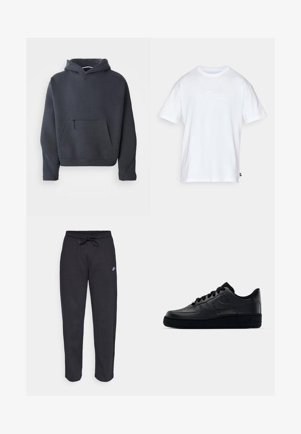Mørkegrå hættebluse i blødt stof, med en frontlomme med lynlås, ribbet manchetter og et lille logo på brystet.; Hvid bomulds T-shirt med korte ærmer og rund hals. Har et lille, diskret Nike-logo på brystet og et sidelabel.; Sorte sweatpants lavet af blødt stof med elastisk talje, snøre og et lille Nike-logo på venstre lår.; Sort Nike Air Force 1 sneaker med en glat læderoverdel, perforeret tå for åndbarhed, sorte snørebånd og en textured gummisål.