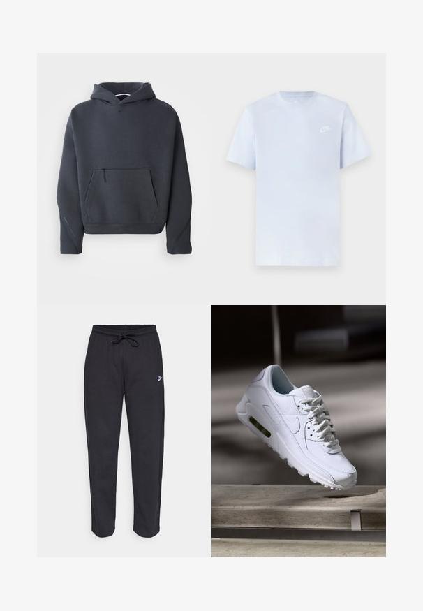 Tumehall kardigan pehmeast materjalist, millel on esikäe tasku lukuga, soonikkoes varrukad ja väike logo rinnal.; Hele sinine puuvillane t-särk lühikeste varrukatega, ümar kaelus ja valge Nike logo trükituna vasakul rinnal. Sile tekstuur, lihtne disain.; Mustad mustad, pehmest kangast, elastse vöökoha, nööriga ja väikese Nike logo'ga vasakul reiel.; Valge nahast tennisete õhustuskujuga pinnad, pehmendustega krae ja nähtav õhuklapp tallas. Omab paelu ja minimaliseeritud disaini.
