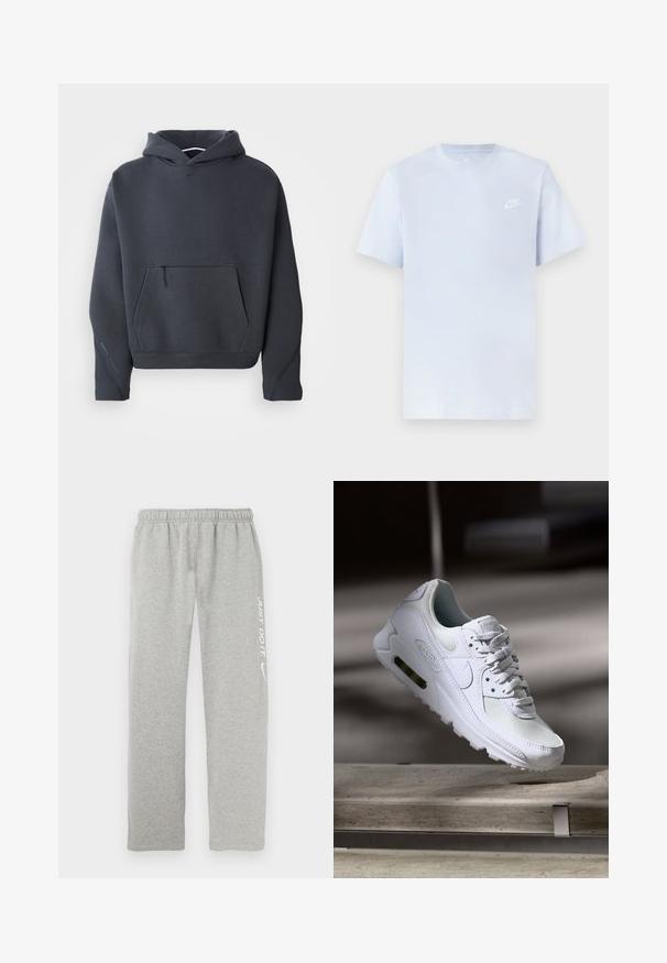 Dunkelgrauer Kapuzenpullover aus weichem Material, mit einer vorderen Tasche mit Reißverschluss, gerippten Bündchen und einem kleinen Logo auf der Brust.; Hellblaue Baumwoll-T-Shirt mit kurzen Ärmeln, Rundhalsausschnitt und einem weißen Nike-Logo, das auf der linken Brust gedruckt ist. Glatte Textur, schlichtes Design.; Graue Jogginghose aus weichem Material mit elastischem Bund. Auf einem Bein befinden sich der weiße Schriftzug "JUST DO IT" und das Nike-Swoosh-Logo.; Weiße Nike Air Max 90 Sneaker mit einem Obermaterial aus Mesh und Leder, durchlässigem Zehenbereich und einer sichtbaren Air-Einheit in der Ferse.