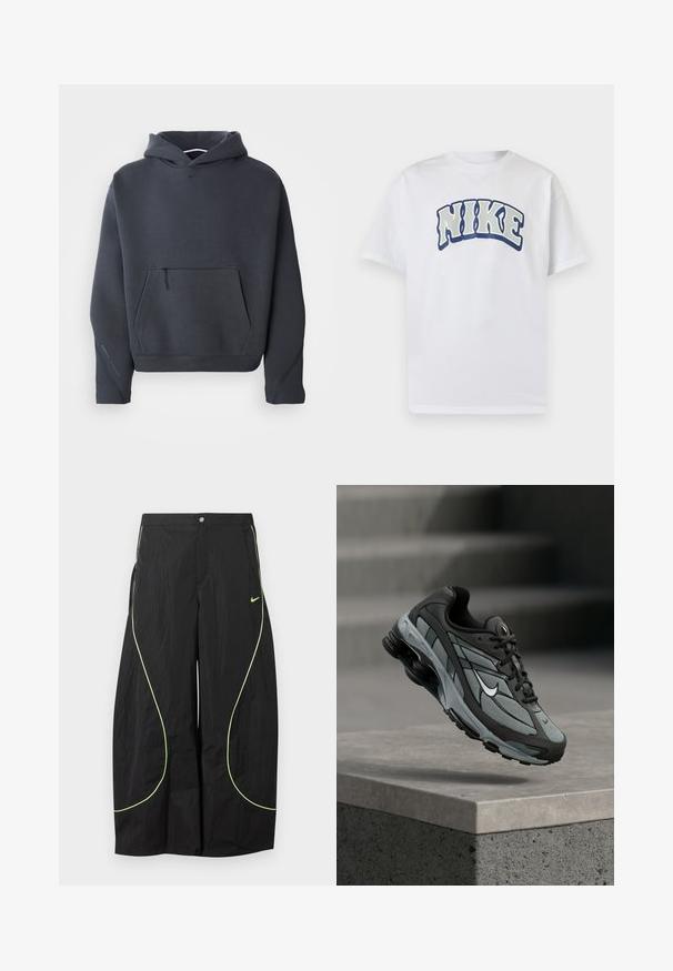 Dunkelgrauer Kapuzenpullover aus weichem Material, mit einer vorderen Tasche mit Reißverschluss, gerippten Bündchen und einem kleinen Logo auf der Brust.; Weißes Kurzarm-T-Shirt mit großem, geschwungenem "NIKE"-Schriftzug in fett umrandeten Buchstaben, mittig auf der Brust.; Schwarze Nike-Hose mit weitem Bein, neongrünem, geschwungenem Paspel und kleinem Nike-Swoosh-Logo auf dem rechten Oberschenkel, mit Knopf- und Reißverschlussbund.; Grauer und schwarzer Sportschuh mit Netzpaneelen und dicker Sohle, schwebend in der Luft über einer Betonmauer mit Treppen im Hintergrund.