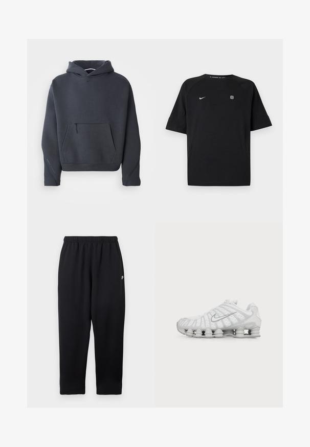 Tmavošedá mikina s kapucňou z mäkkej tkaniny, s prednou vreckom na zips, rebrovanými manžetami a malým logom na hrudi.; Čierne športové tričko Nike s krátkym rukávom a bielym logom swoosh na ľavej strane hrude a malým štvorcovým emblémom na pravej strane hrude, jednofarebné pozadie.; Čierne tepláky s elastickým pásom, na ľavej strane malým bielym logom. Vyrobené z jemnej, ľahkej tkaniny. Strih s rovnými nohavicami.; Biela bežecká obuv Nike s viditeľnou vzduchom odpruženou podrážkou a strieborným logom Swoosh na boku, zobrazená z vonkajšej strany.