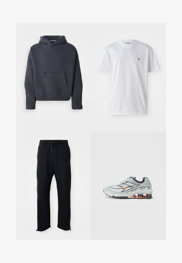 Dunkelgrauer Kapuzenpullover aus weichem Material, mit einer vorderen Tasche mit Reißverschluss, gerippten Bündchen und einem kleinen Logo auf der Brust.; Weißes Baumwoll-T-Shirt mit kurzen Ärmeln, Rundhalsausschnitt, mit einem kleinen goldenen Logo im linken Brustbereich. Weicher Stoff und normale Passform.; Schwarze Sporthose mit elastischem Bund und Kordelzug, seitlichen Taschen, schmal zulaufenden Beinen und Reißverschlüssen an den Knöcheln. Glatte Textur.; Hellgrauer Laufschuh mit schwarzen Akzenten, orangefarbenem Logo, Mesh-Obermaterial, gepolstertem Schaft und Gummisohle mit sichtbaren stoßdämpfenden Einheiten.