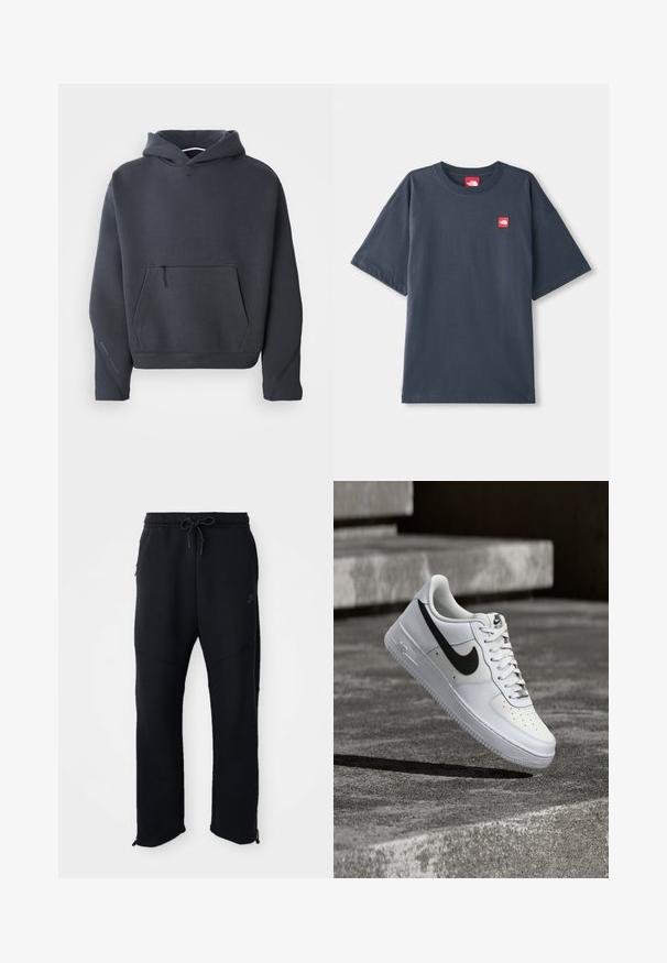 Mørkegrå hættebluse i blødt stof, med en frontlomme med lynlås, ribbet manchetter og et lille logo på brystet.; Mørk navy blå kortærmet T-shirt lavet af bomuld, med en rød logo-patch på venstre bryst og en klassisk rund halsudskæring.; Sorte træningsbukser med elastisk linning og snoretræk, har sidelommer, smalle ben og lynlåse ved anklerne. Glat tekstur.; Hvid Nike Air Force 1-sneaker med sort swoosh, snørebånd bundet, placeret i luften over tekstureret betonoverflade udendørs.