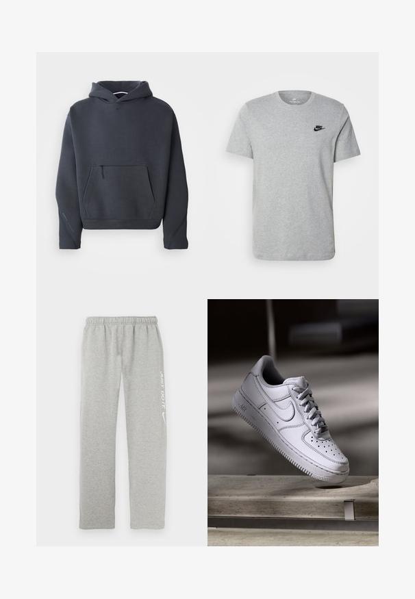 Mørkegrå hættebluse i blødt stof, med en frontlomme med lynlås, ribbet manchetter og et lille logo på brystet.; Grå kortærmet T-shirt i bomuld med et sort Nike-logo på brystet og rund halsudskæring. Minimalistisk design uden mønstre.; Grå joggingbukser lavet af blødt materiale med elastisk taljebånd. Har en hvid "JUST DO IT" tekst og Nike swoosh-logo på det ene ben.; Hvid læder Nike Air Force 1 sneaker med perforeret tå, flade snørebånd og tekstureret gummisål med "AIR" branding på siden.