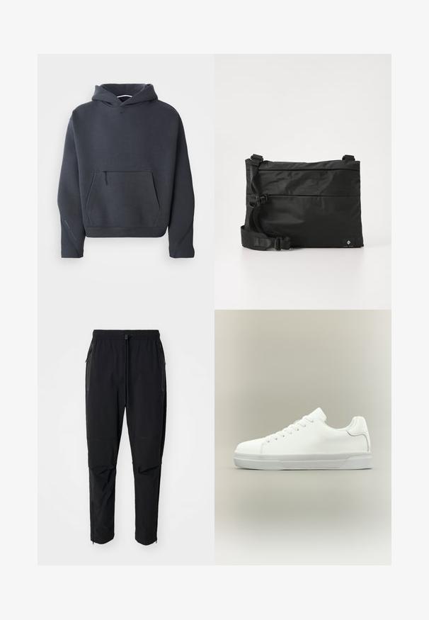 Dunkelgrauer Kapuzenpullover aus weichem Material, mit einer vorderen Tasche mit Reißverschluss, gerippten Bündchen und einem kleinen Logo auf der Brust.; Schwarze, leichte outdoor Hosen mit elastischem Bund und verstellbarem Zugschnur. Ausgestattet mit Reißverschlusstaschen und tapered Bündchen.; Weißer Sneaker in niedriger Schnittform mit Schnürung vorne, gepolstertem Kragen und strukturiertem Gummisohle, seitlich auf neutralem Hintergrund dargestellt.; Schwarze Nylon-Umhängetasche mit verstellbarem Riemen, flachem Design und seitlichem Etikett mit Logo. Glatte Textur und minimalistischer Stil.