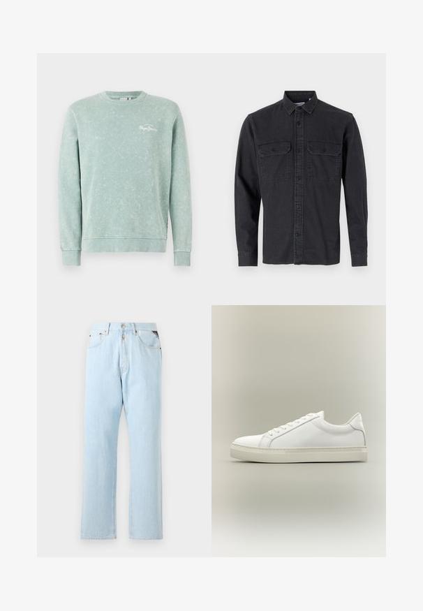 Hellgrüner Sweatshirt aus weichem Stoff, mit Rundhalsausschnitt, langen Ärmeln, gerippten Bündchen und einem kleinen weißen Logo auf der Brust.; Langärmliges, dunkelgraues Hemd mit Knöpfen aus Baumwollmischung, das über zwei Brusttaschen und ein klassisches Kragendesign verfügt.; Hellblaue Jeans aus Denim mit geradem Bein. Verfügt über einen Knopf- und Reißverschluss, fünf Taschen und kontrastierende Nähte.; Weißer Sneaker mit niedrigem Schaft, vorn mit Schnürung und dicker Sohle, aus der Seitenansicht vor neutralem Hintergrund.