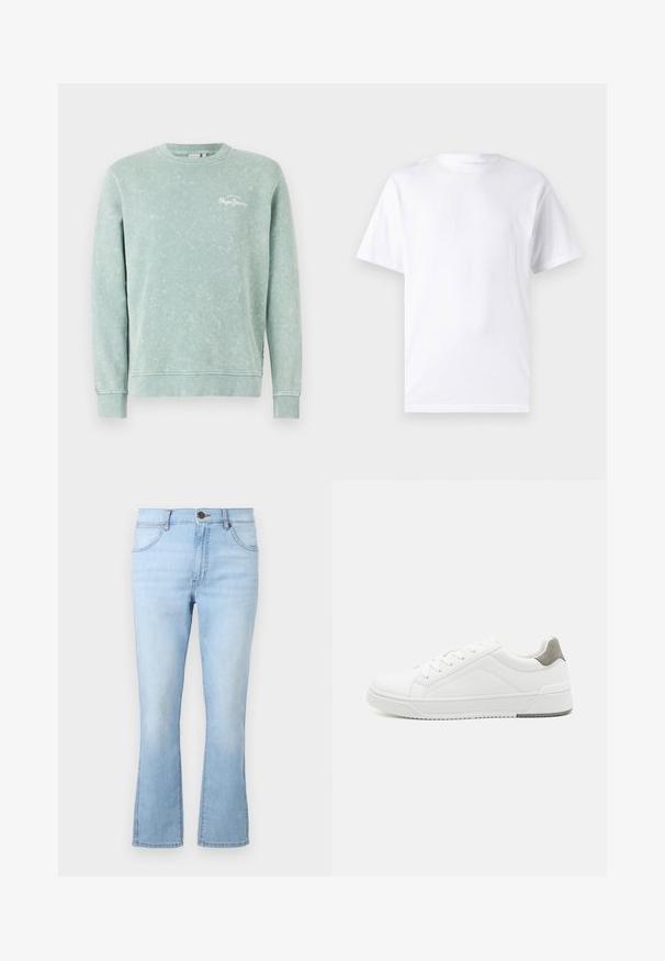 Lichtgroene sweatshirt van zachte stof, met een ronde hals, lange mouwen, geribde manchetten en een klein wit logo op de borst.; Witte T-shirt met korte mouwen, gemaakt van katoen, met een ronde hals. Het heeft een gladde textuur en een eenvoudig ontwerp zonder patronen of accenten.; Lichtblauwe flared jeans van denim met vijf zakken, een knoop- en ritsluiting en contrasterende stiksels. Heeft een licht vervaagde wassing.; Witte sneaker van glad leer met een ronde neus, minimalistisch ontwerp, grijze hielaccent en een geplaatste rubberen zool.