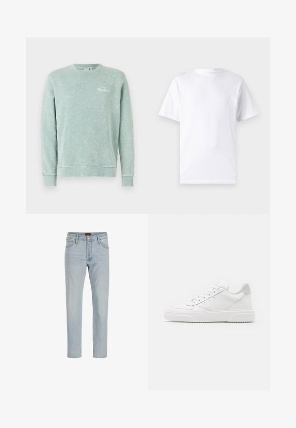 Hele roheline sweatshirt pehmest kangast, ümara kaelusega, pikkade varrukatega, soonikkotidega ja väikese valge logoga rinnal.; Valge lühikeste varrukatega T-paita, mis on valmistatud puuvillast, laheda kaelusega. T-särk on sileda tekstuuri ja lihtsa disainiga, ilma mustrite või aksessuaarideta.; Heled sinine denimitest teksad otse lõikega, viie tasku disainiga, nupuklapiga ja veidi kulunud tekstuuriga.; Valged nahast spordijalatsid siledast nahast viimistlusega, ümarate varvastega, lamekestega ja tekstuuriga tallaga. Hall suede aktsent kanna juures.