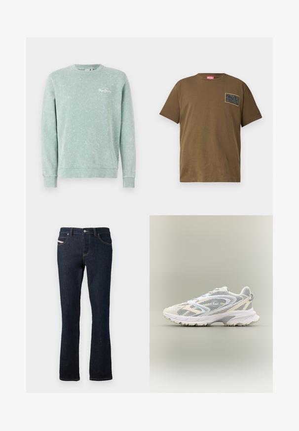 Hele roheline sweatshirt pehmest kangast, ümara kaelusega, pikkade varrukatega, soonikkotidega ja väikese valge logoga rinnal.; Prune värvi puuvillane t-särk, millel on ümmargune kaelus, ja vasakul rinnal must graafiline plaastr. Lühikesed varrukad ja sirge äär.; Tumed sinine teksapüksid sirge lõikega, millel on oranž õmblus, metallist nööp sulgemiseks ja väike logo tagakoti peal.; Valge sportlik king, millel on hallid võrkdetaile, tekstuuriga kate, pehmendustega krae ja kummist sisetald, millel on väikesed haarepunktid.