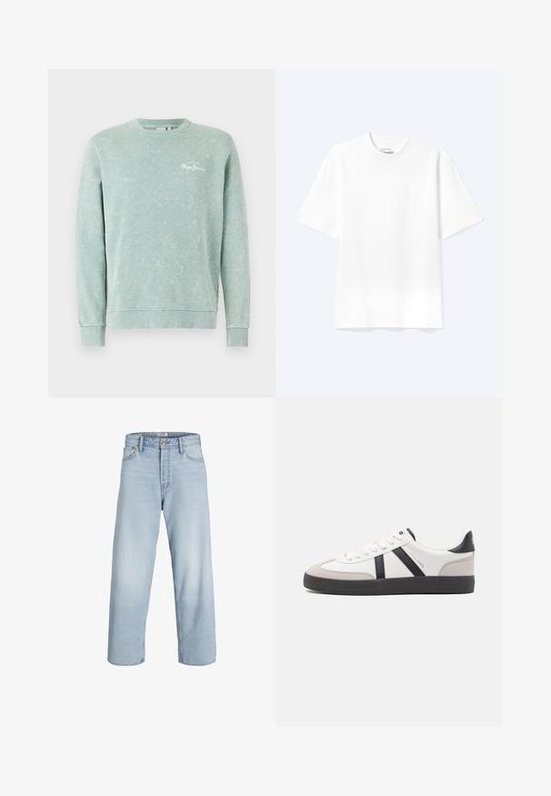 Hele roheline sweatshirt pehmest kangast, ümara kaelusega, pikkade varrukatega, soonikkotidega ja väikese valge logoga rinnal.; Lihtne valge lühikeste varrukatega ümara kaelusega T-särk, mis on lõdva lõikega, kuvatud heledal taustal.; Heledad sinine teksapüksid kõrge vöökohaga, laiade jalgade ja sirge lõikega. Funktsioonid klassikaline nupu sulgemine ja viie tasku disain.; Valged tossud mustade ja hallide aktsentidega, tekstureeritud halli varbakattega, musta kummitald ja lamedad valged paelad. Puhtad jooned, minimalistlik stiil.