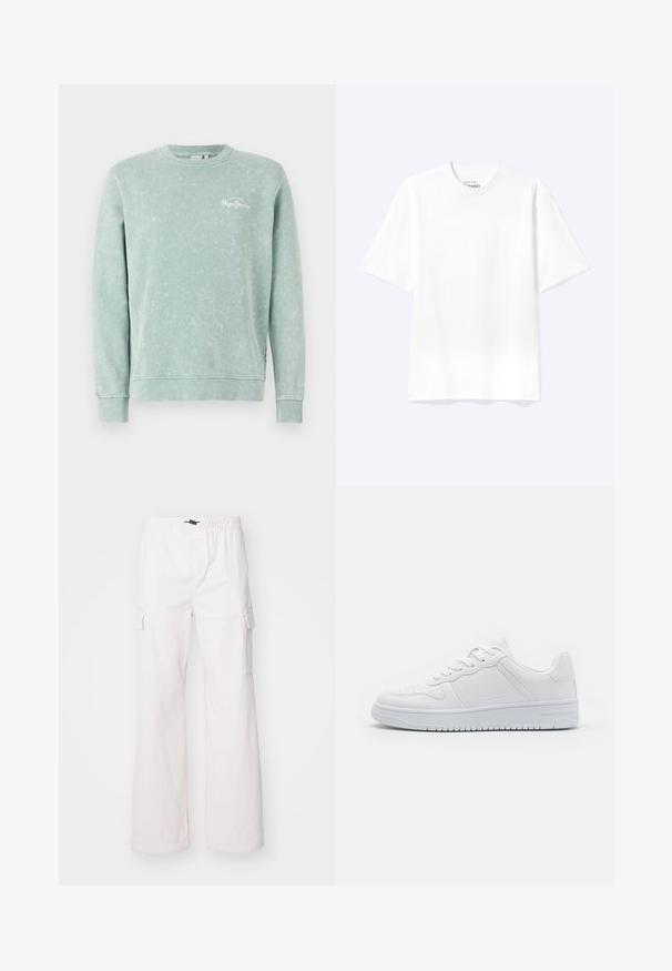 Lysegrøn sweatshirt lavet af blødt stof, med rund hals, lange ærmer, ribbede manchetter og et lille hvidt logo på brystet.; Enkel hvid T-shirt med korte ærmer og rund hals med afslappet pasform, vist på en lys baggrund.; Denim Project DPMDPPARACHUTE CARGO PANTS - Cargobukser - jet stream; Hvide sneakers lavet af glat syntetisk materiale, med flade snørebånd, perforeret tå og en gummisål med et tekstureret grebmønster.