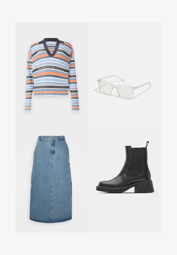 Suéter de rayas con cuello en V. Los colores incluyen azul, naranja, negro y blanco. Tejido acanalado texturizado. Diseño corto.; Obey Clothing JUNIPER MIDI SKIRT - Falda acampanada - stonewash indigo; Botas de cuero negro hasta el tobillo con paneles laterales elásticos, punta redondeada y un tacón grueso. Textura suave con un diseño minimalista.; Gafas cuadradas de plástico transparente con lentes translúcidos, que cuentan con acentos dorados en las patillas para un detalle adicional.