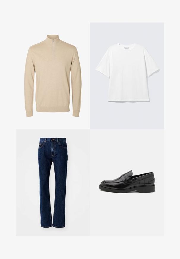 Jersey beige de manga larga con un cuello alto y una cremallera corta en el centro delantero.; Camiseta blanca de gran tamaño con mangas cortas, cuello redondo y hombros caídos, plana sobre fondo gris claro.; Vaqueros de mezclilla azul oscuro con un diseño de pierna recta, que cuentan con dos bolsillos frontales y un cierre de botón. Detalles de costura sutil.; Mocasines de cuero negro con un acabado suave, punta redondeada, tacón bajo y costura decorativa en la parte delantera. Suela de goma para mayor agarre.