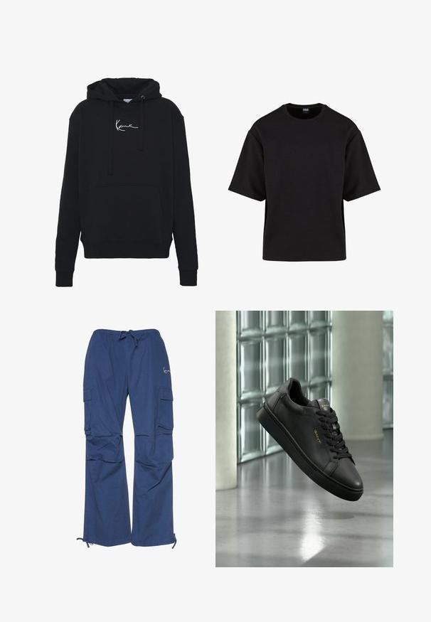 Čierna mikina s kapucňou vyrobená z mäkkej tkaniny, má prednú kapsu, šnúrky a biele vyšívanie loga na hrudi. Klasický strih a rebrované manžety.; Urban Classics SCUBA TEE - Základné tričko - black; Modré cargo nohavice vyrobené z bavlny, s pružným pásom na šnúrku, dvoma bočnými vreckami a voľným strihom so žebrovanými koncami na členkoch.; Čierny kožený teniska s čiernymi šnúrkami a zlatým logom GANT, ktorý sa vznáša v interiéri na leštenej betónovej podlahe pri stene zo sklenených blokov.