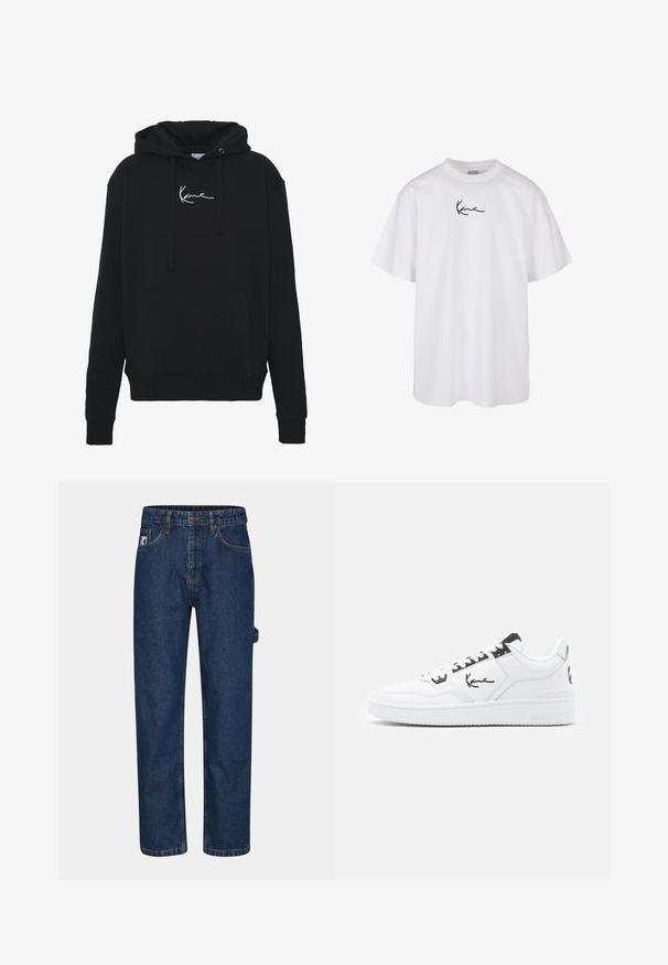Zwarte hoodie van zachte stof, met een voorzak, koorden en witte logo borduring op de borst. Klassieke pasvorm en geribde manchetten.; Witte katoenen t-shirt met een ronde halslijn en korte mouwen, voorzien van een zwart geborduurd logo in het midden van de borst.; Donkerblauwe denim jeans met een recht model, vijf zakken en een zichtbaar merklabel aan de voorkant aan de linkerzijde.; Witte leren sneaker met zwarte accenten, voorzien van een handtekeninglogo aan de zijkant, ronde neus en een textuur rubberen zool.