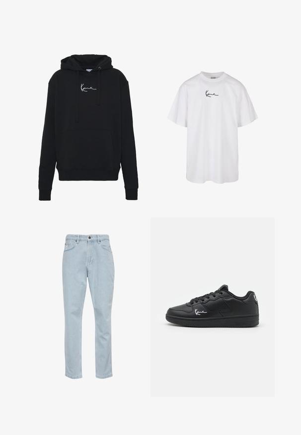 Zwarte hoodie van zachte stof, met een voorzak, koorden en witte logo borduring op de borst. Klassieke pasvorm en geribde manchetten.; Witte katoenen t-shirt met een ronde halslijn en korte mouwen, voorzien van een zwart geborduurd logo in het midden van de borst.; Lichtblauwe denim jeans met een rechte pijpdesign, vijf zakken en metalen knoopsluiting. Glad textuur en lichte vervaging details.; Zwarte sneakers van synthetisch materiaal, met een geperforeerd ontwerp, platte veters, een rubberen zool en witte kenmerkaccenten.