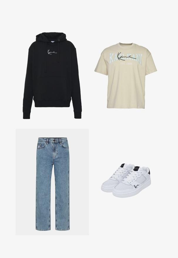 Zwarte hoodie van zachte stof, met een voorzak, koorden en witte logo borduring op de borst. Klassieke pasvorm en geribde manchetten.; Beige katoenen T-shirt met ronde hals, met de tekst "KARL KANI" in blauw en zwart over de borst, opgericht in 1989 eronder.; Lichtblauwe rechte jeans van denimstof, met een knoopsluiting, vijf zakken en contrasterend stiksel.; Witte sneakers van geperforeerd synthetisch materiaal, met platte veters en een zwart accent bij de hiel, met een handtekening in het zwart aan de zijkant.