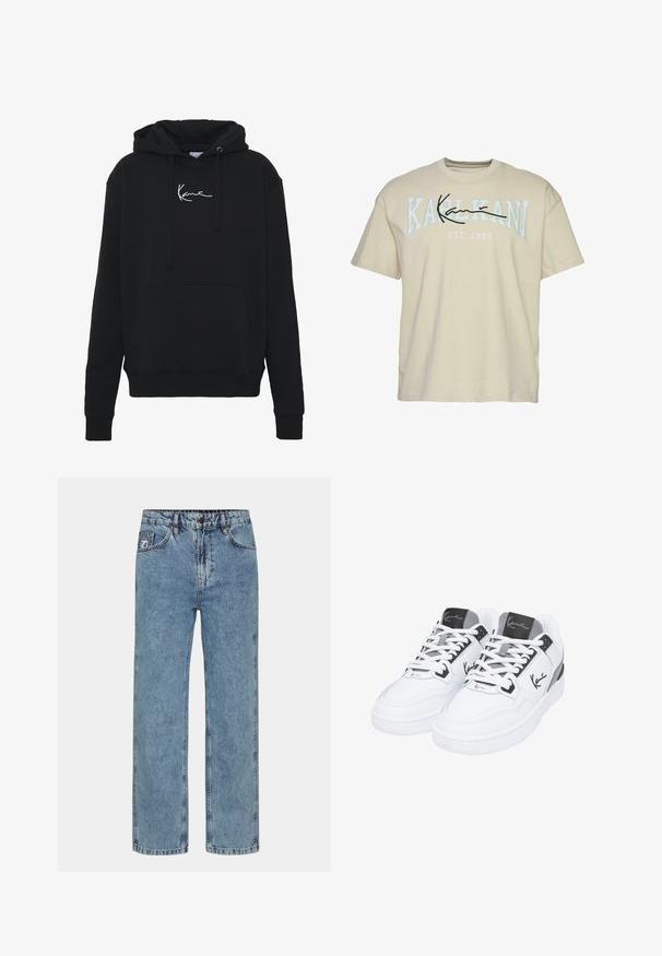 Hoodie noir en tissu doux, avec une poche avant, des cordons de serrage et un logo brodé blanc sur la poitrine. Coupe classique et poignets côtelés.; T-shirt en coton beige avec un col rond, portant le texte "KARL KANI" en bleu et noir sur la poitrine, établi en 1989 en dessous.; Jeans droits bleu clair en denim, avec une fermeture à bouton, cinq poches et une surpiqûre contrastante.; Baskets blanches en cuir lisse, avec des accents gris sur la languette et le talon, et un détail de logo noir sur le côté.