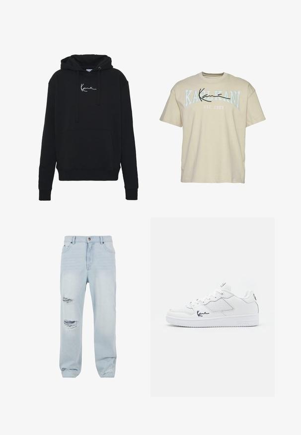 Zwarte hoodie van zachte stof, met een voorzak, koorden en witte logo borduring op de borst. Klassieke pasvorm en geribde manchetten.; Beige katoenen T-shirt met ronde hals, met de tekst "KARL KANI" in blauw en zwart over de borst, opgericht in 1989 eronder.; Lichtblauwe denim jeans met een relaxed fit, voorzien van twee beschadigde scheuren aan de voorkant en een klassieke knoop- en ritssluiting.; Witte sneaker van synthetisch materiaal met geperforeerde details, platte veters, een textuurv outsole en een marineblauw logo aan de zijkant en hiel.