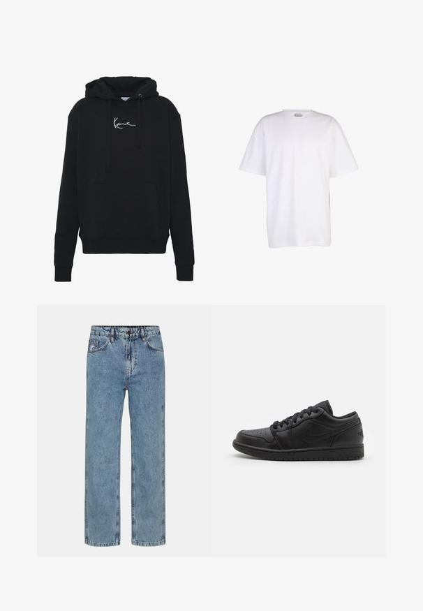 Zwarte hoodie van zachte stof, met een voorzak, koorden en witte logo borduring op de borst. Klassieke pasvorm en geribde manchetten.; Effen witte katoenen T-shirt met korte mouwen, ronde hals en losse pasvorm, weergegeven op een witte achtergrond.; Lichtblauwe rechte jeans van denimstof, met een knoopsluiting, vijf zakken en contrasterend stiksel.; Zwarte leren lage sneakers met geperforeerde neus, platte veters, gevoerde kraag en een gestructureerde buitenzool. Voorzien van een subtiele logo op de hiel.
