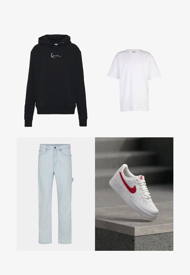 Zwarte hoodie van zachte stof, met een voorzak, koorden en witte logo borduring op de borst. Klassieke pasvorm en geribde manchetten.; Effen witte katoenen T-shirt met korte mouwen, ronde hals en losse pasvorm, weergegeven op een witte achtergrond.; Lichtblauwe denim jeans met rechte snit, voorzien van een knoopsluiting, vijf zakken en een zijlusdetail voor extra functionaliteit.; Witte Nike Air Force 1 sneaker met rood swoosh-logo zwevend boven een betonnen rand en trappen op de achtergrond.
