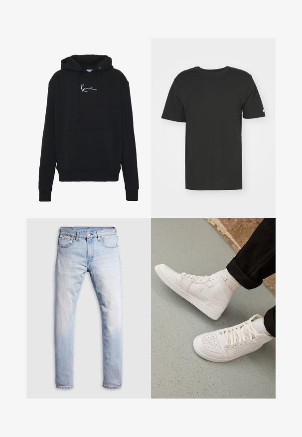Zwarte hoodie van zachte stof, met een voorzak, koorden en witte logo borduring op de borst. Klassieke pasvorm en geribde manchetten.; Zwarte T-shirt van zacht katoen, met korte mouwen en een ronde hals. Eenvoudig ontwerp met een klein logo op de linker mouw.; Lichtblauwe denimjeans met een rechte snit, vijf zakken en een knoopsluiting. De stof heeft een vervaagde textuur met lichte kleurvariaties.; Witte hoge sneakers van glad leer met een geperforeerde teen, vetersluiting en subtiele logo-details aan de zijkant. Geprofileerde rubberen zool.